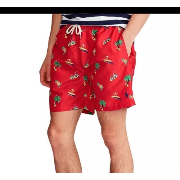 Other - POLO RALPH LAUREN Red Multi Surfer Print Traveler Swim Trunks Men’s Large Liner